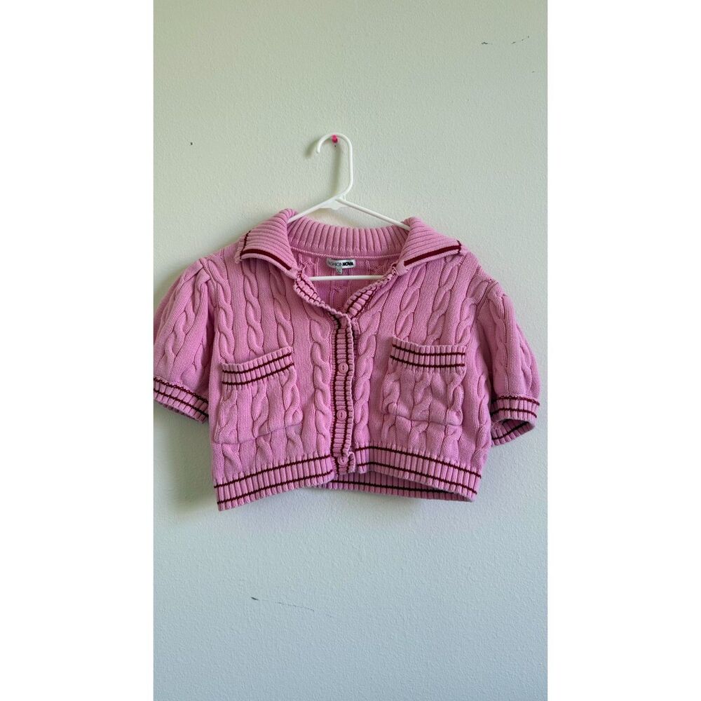 Fashion Nova Small Pink Cable Knit Cropped Cardigan Preppy Short Sleeve Collared